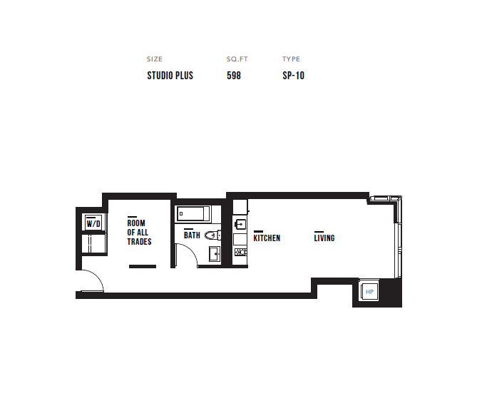 Floor plan for studio, 1 bath, 598 sqft